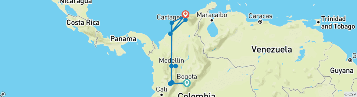 Image of a map showing the route of the tour