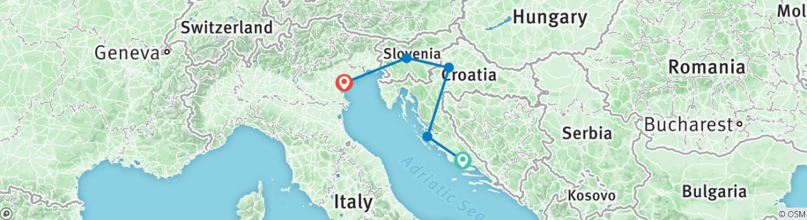 Image of a map showing the route of the tour