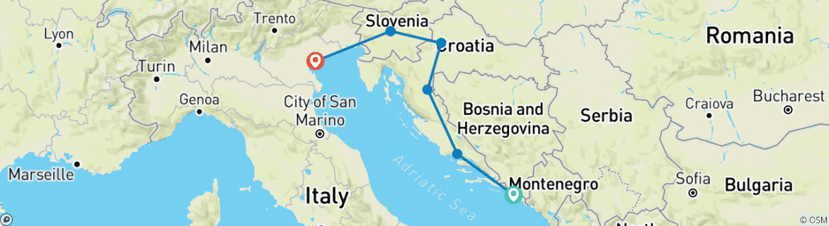 Image of a map showing the route of the tour