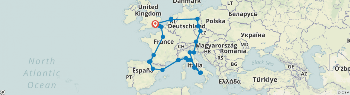 Image of a map showing the route of the tour