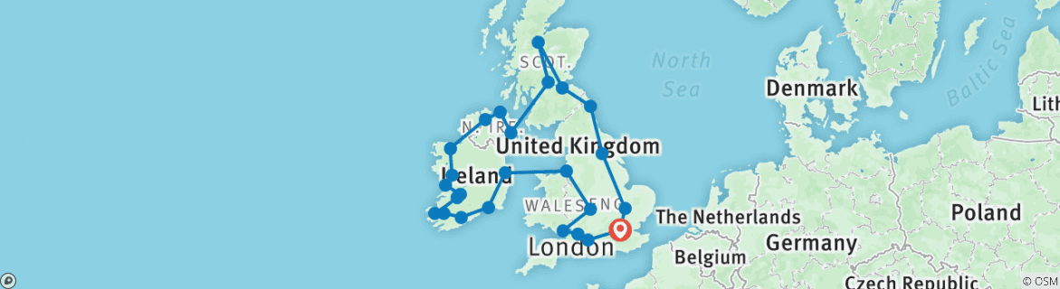 Image of a map showing the route of the tour