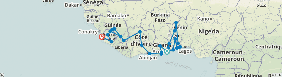 Image of a map showing the route of the tour