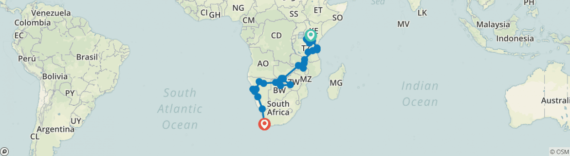 Image of a map showing the route of the tour