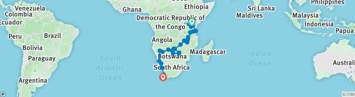 Image of a map showing the route of the tour