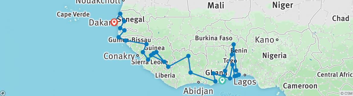 Image of a map showing the route of the tour