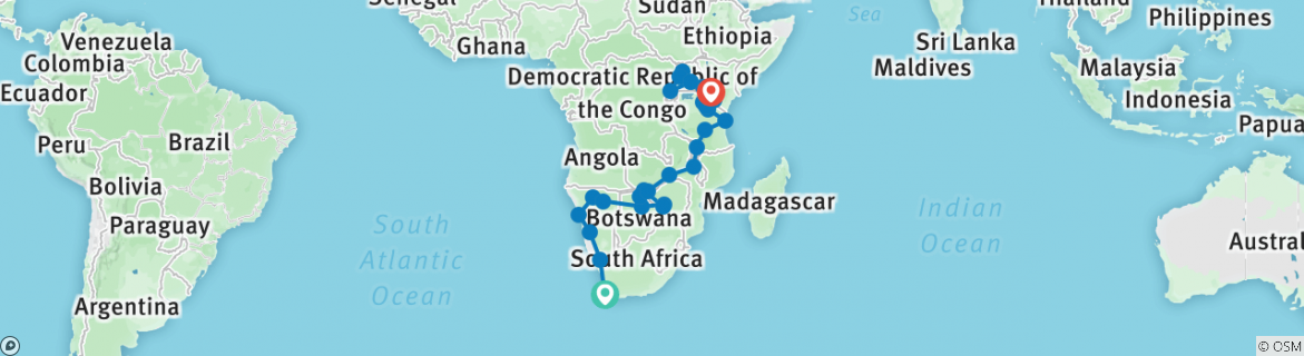 Image of a map showing the route of the tour
