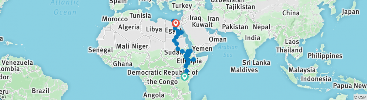 Image of a map showing the route of the tour