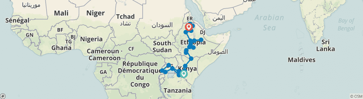 Image of a map showing the route of the tour