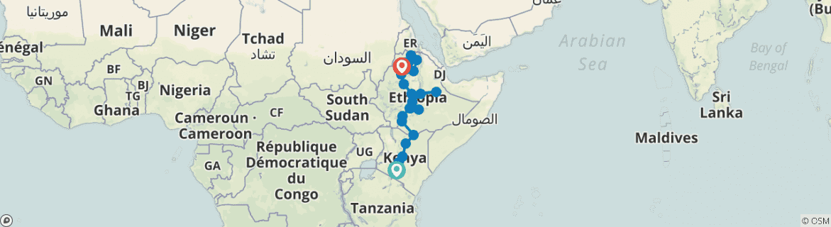 Image of a map showing the route of the tour