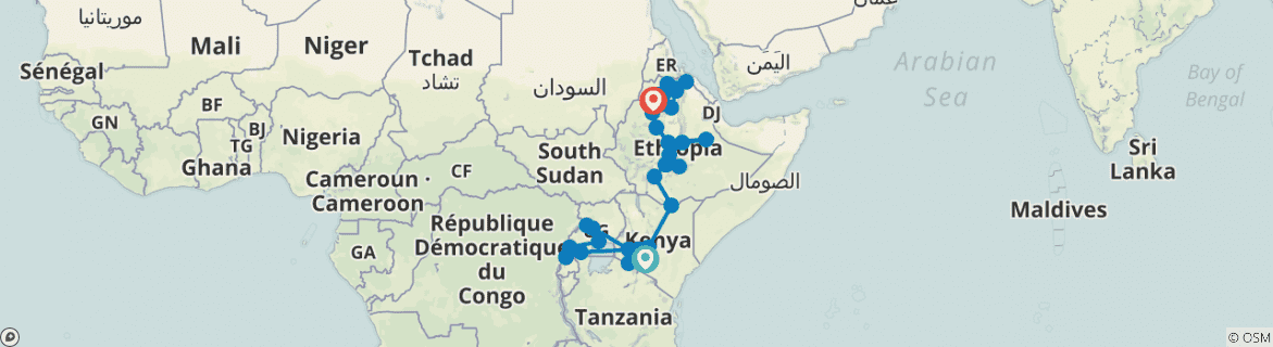 Image of a map showing the route of the tour