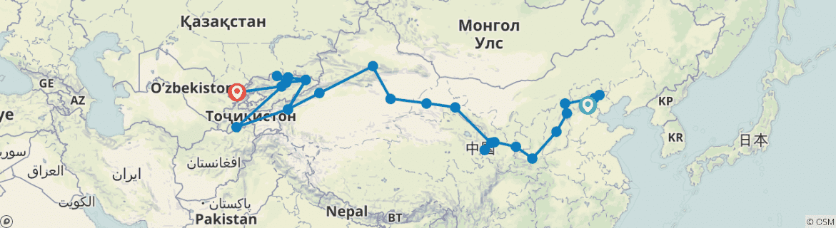 Image of a map showing the route of the tour