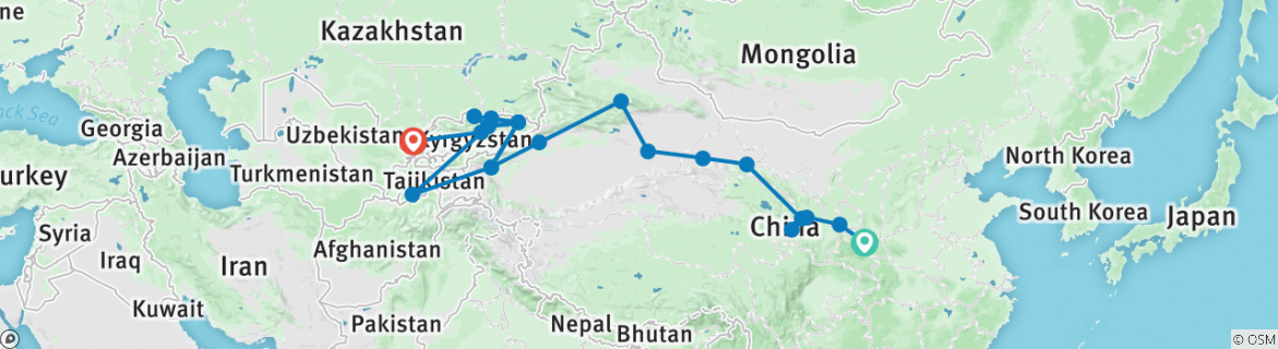 Image of a map showing the route of the tour