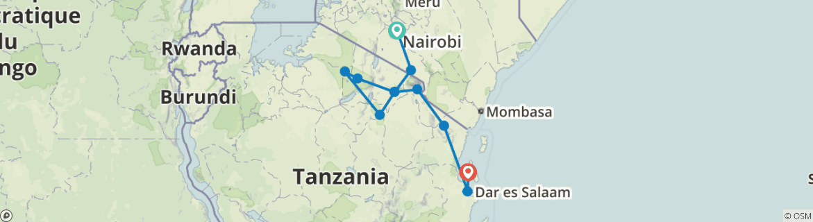 Image of a map showing the route of the tour