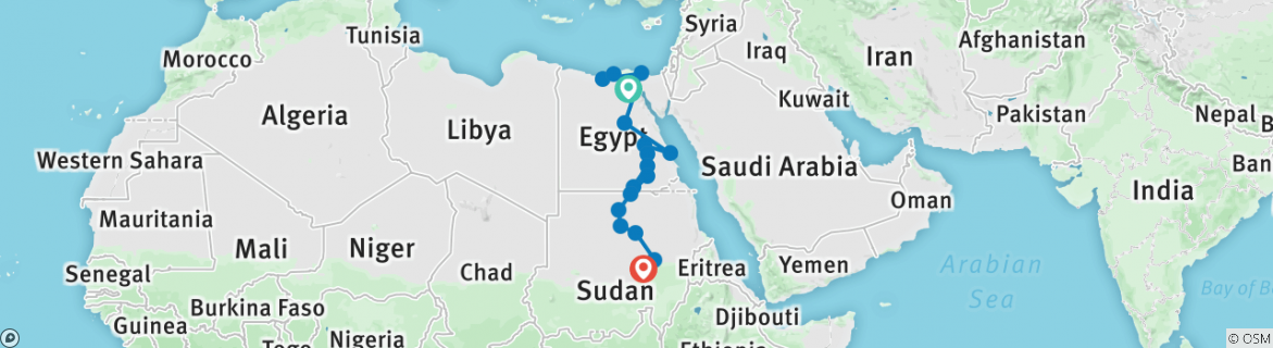Image of a map showing the route of the tour