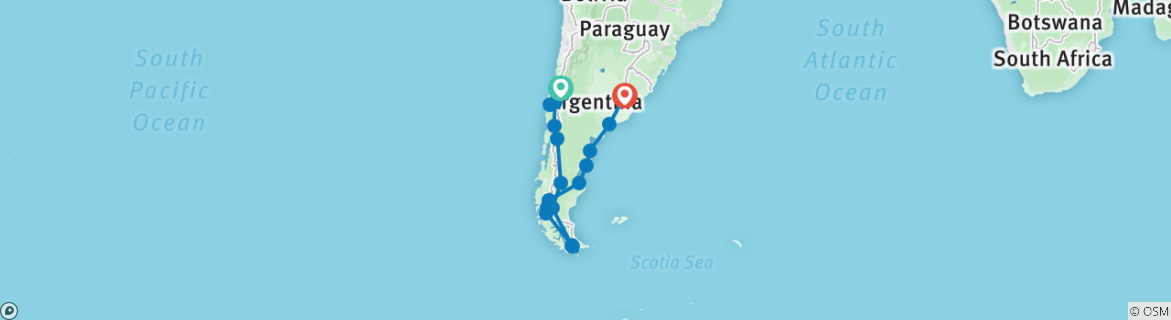 Image of a map showing the route of the tour