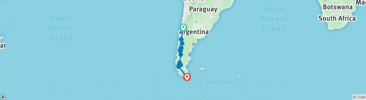 Image of a map showing the route of the tour