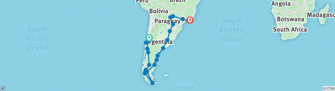 Image of a map showing the route of the tour