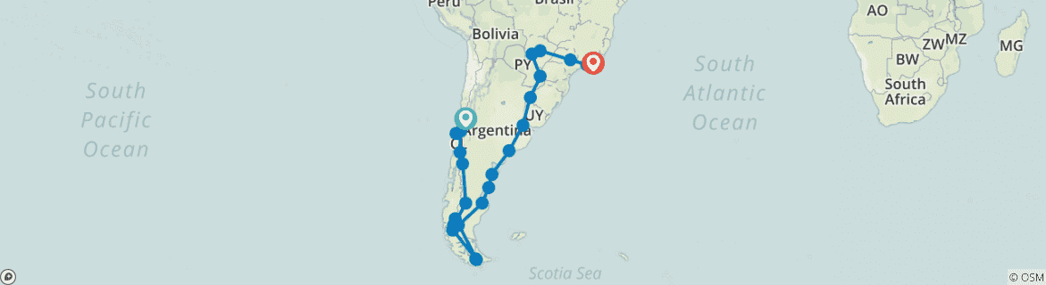 Image of a map showing the route of the tour