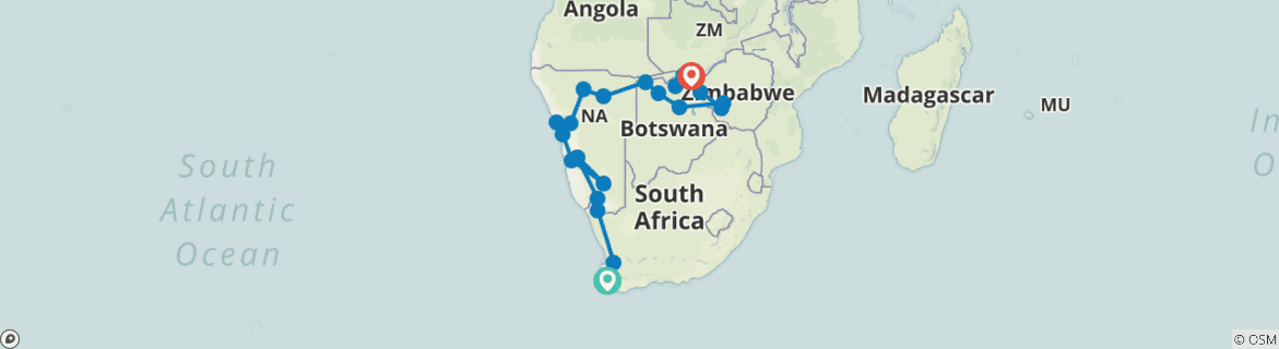 Image of a map showing the route of the tour