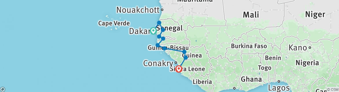 Image of a map showing the route of the tour