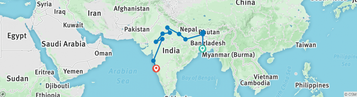 Image of a map showing the route of the tour