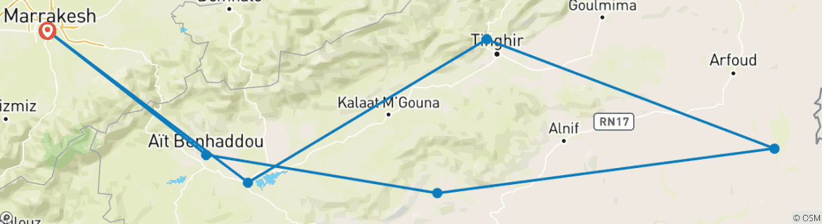 Image of a map showing the route of the tour