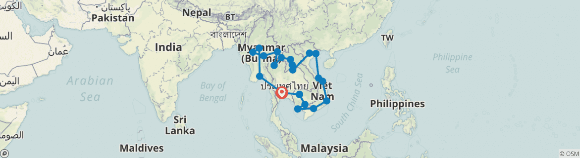 Image of a map showing the route of the tour