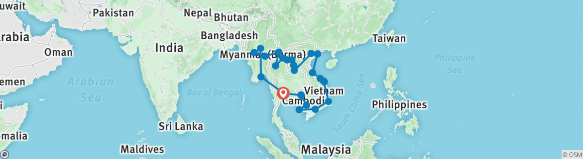Image of a map showing the route of the tour
