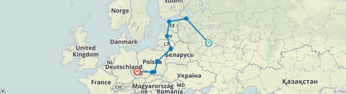 Image of a map showing the route of the tour