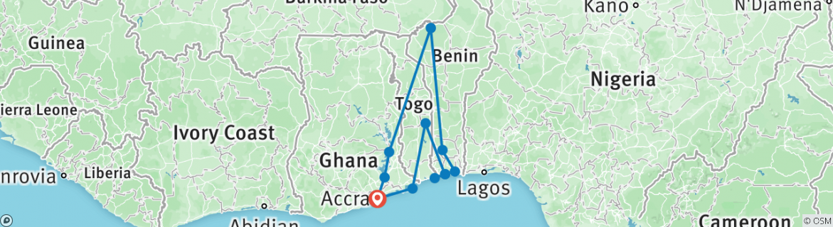 Image of a map showing the route of the tour