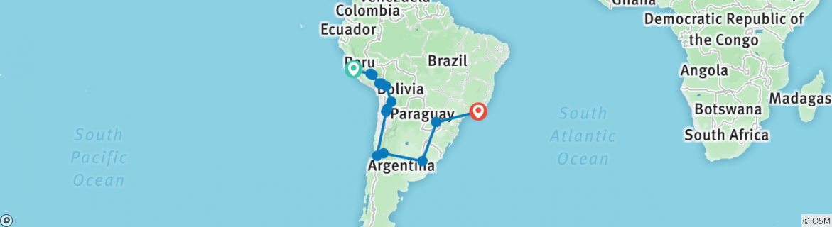 Image of a map showing the route of the tour