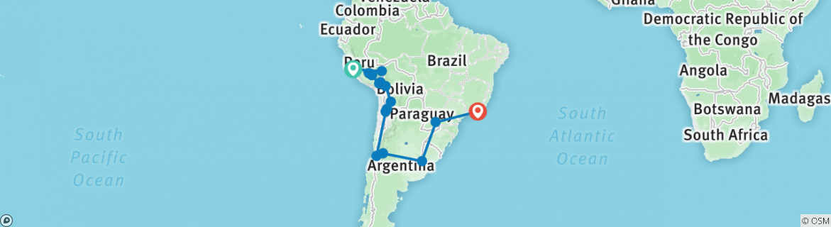 Image of a map showing the route of the tour