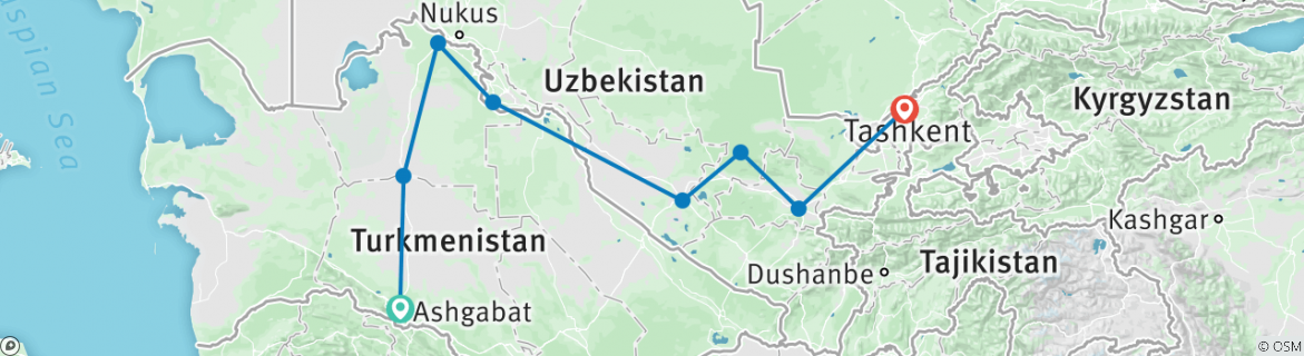 Image of a map showing the route of the tour