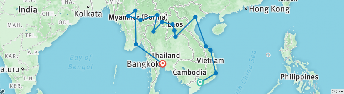Image of a map showing the route of the tour
