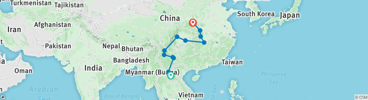 Image of a map showing the route of the tour