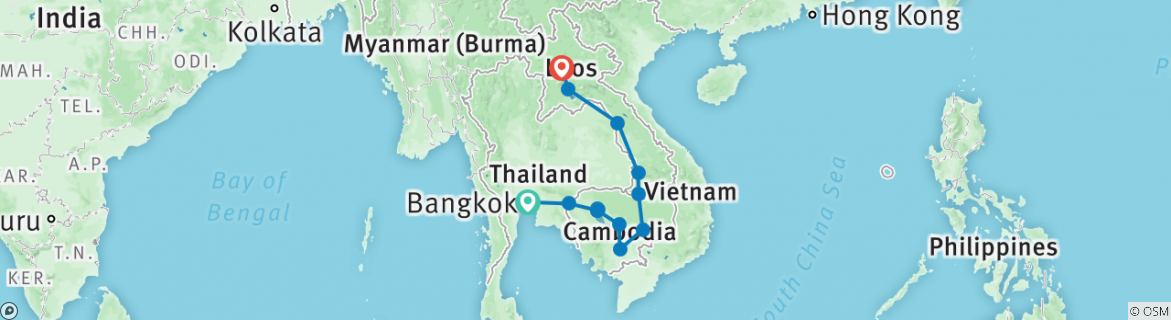 Image of a map showing the route of the tour