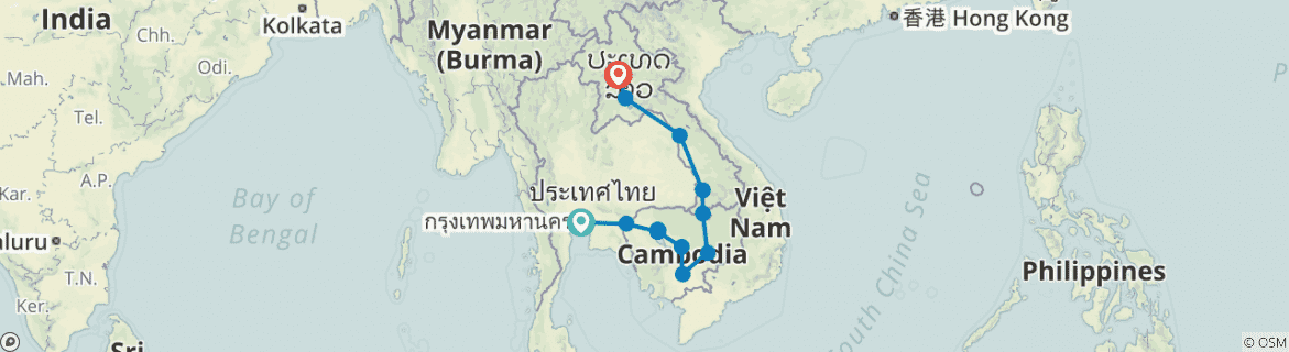 Image of a map showing the route of the tour