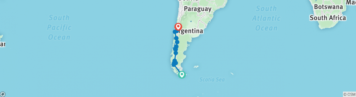 Image of a map showing the route of the tour