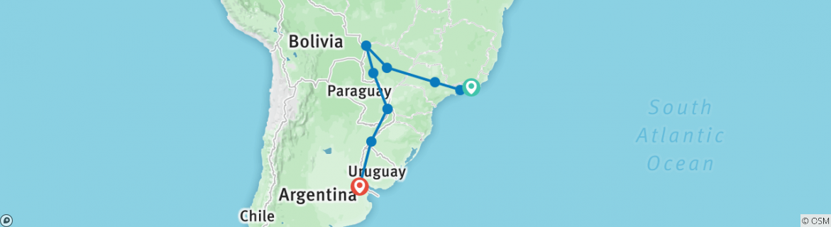 Image of a map showing the route of the tour