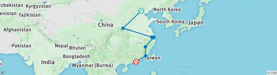 Image of a map showing the route of the tour