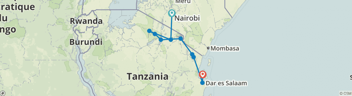 Image of a map showing the route of the tour