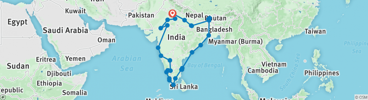 Image of a map showing the route of the tour