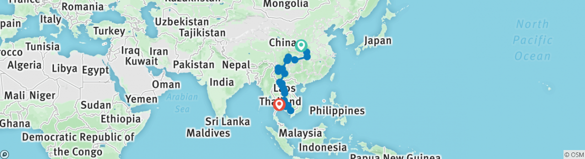 Image of a map showing the route of the tour