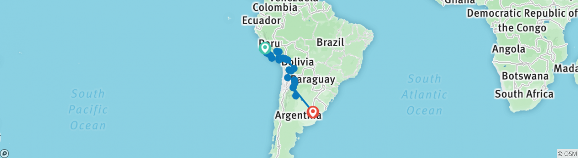 Image of a map showing the route of the tour