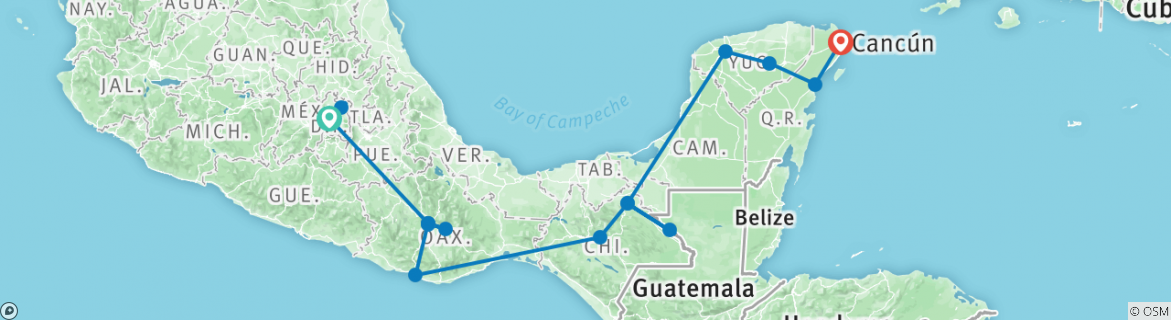 Image of a map showing the route of the tour