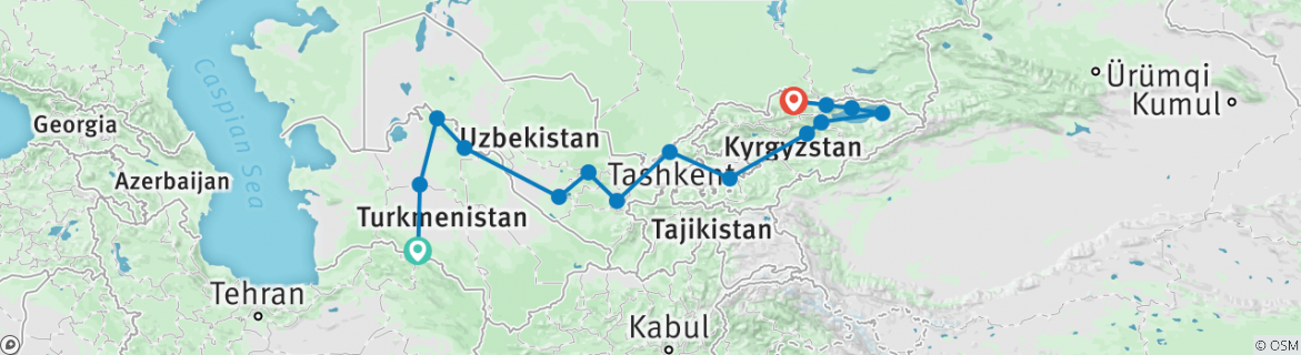 Image of a map showing the route of the tour