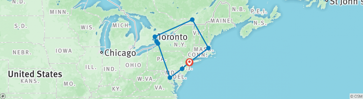 Image of a map showing the route of the tour