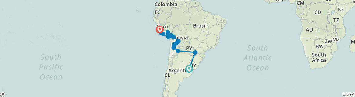 Image of a map showing the route of the tour