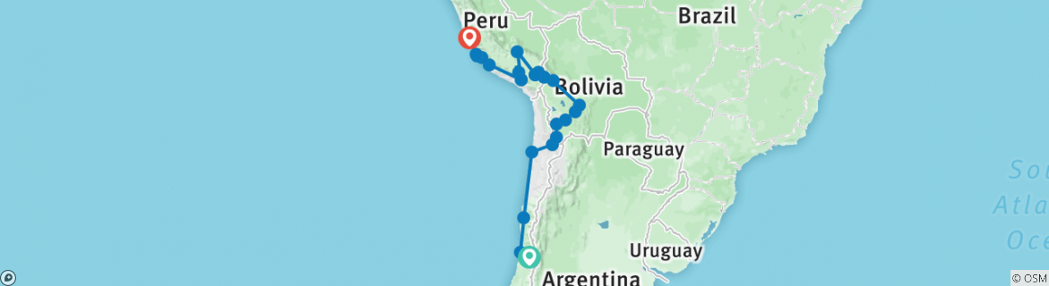 Image of a map showing the route of the tour