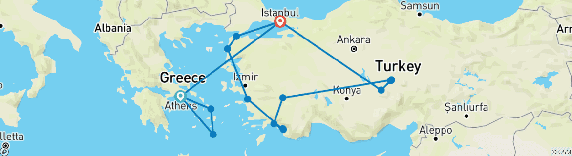 Image of a map showing the route of the tour